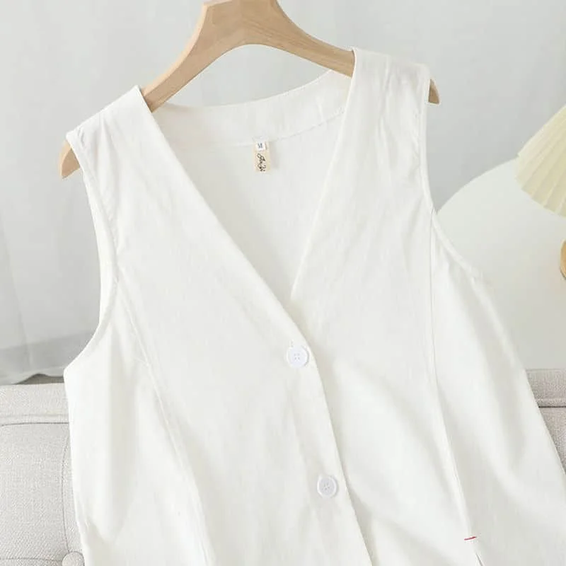 Cotton Linen Vest Women Summer Thin Korean Style Casual Loose Asymmetric Mid-length V-Neck Sleeveless Cardigans Women Clothing
