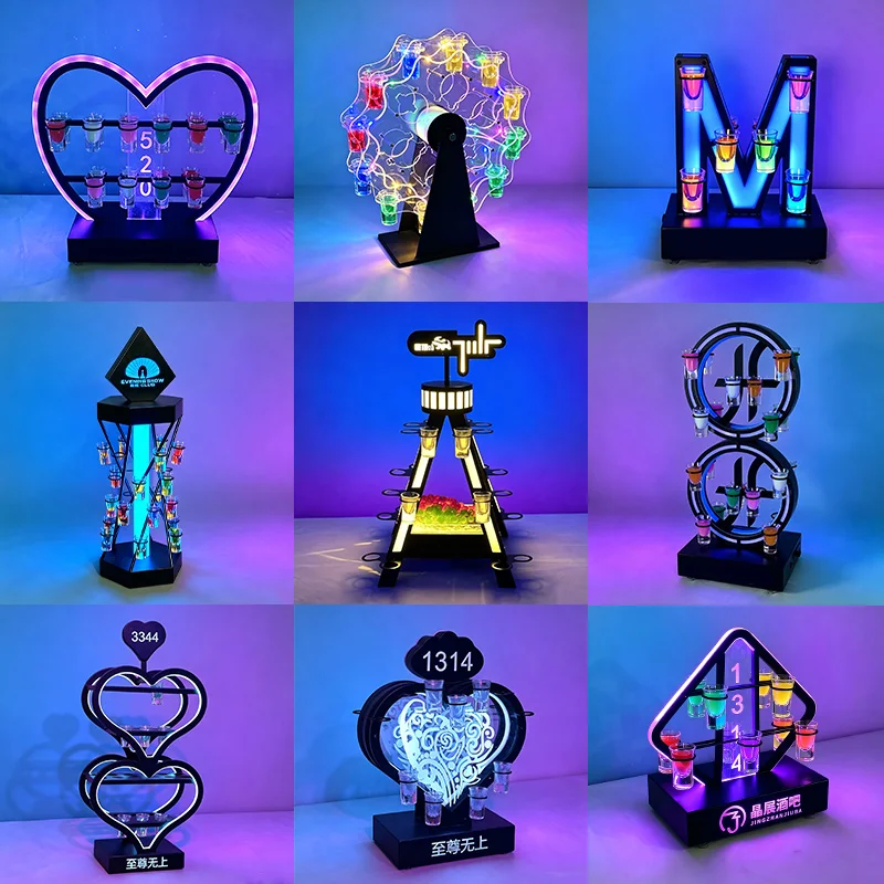 Acrylic LED Glow Ferris Wheel Cup Holder Colorful LED Lighted Wine Glass Holder for Bar Special Beverage Display