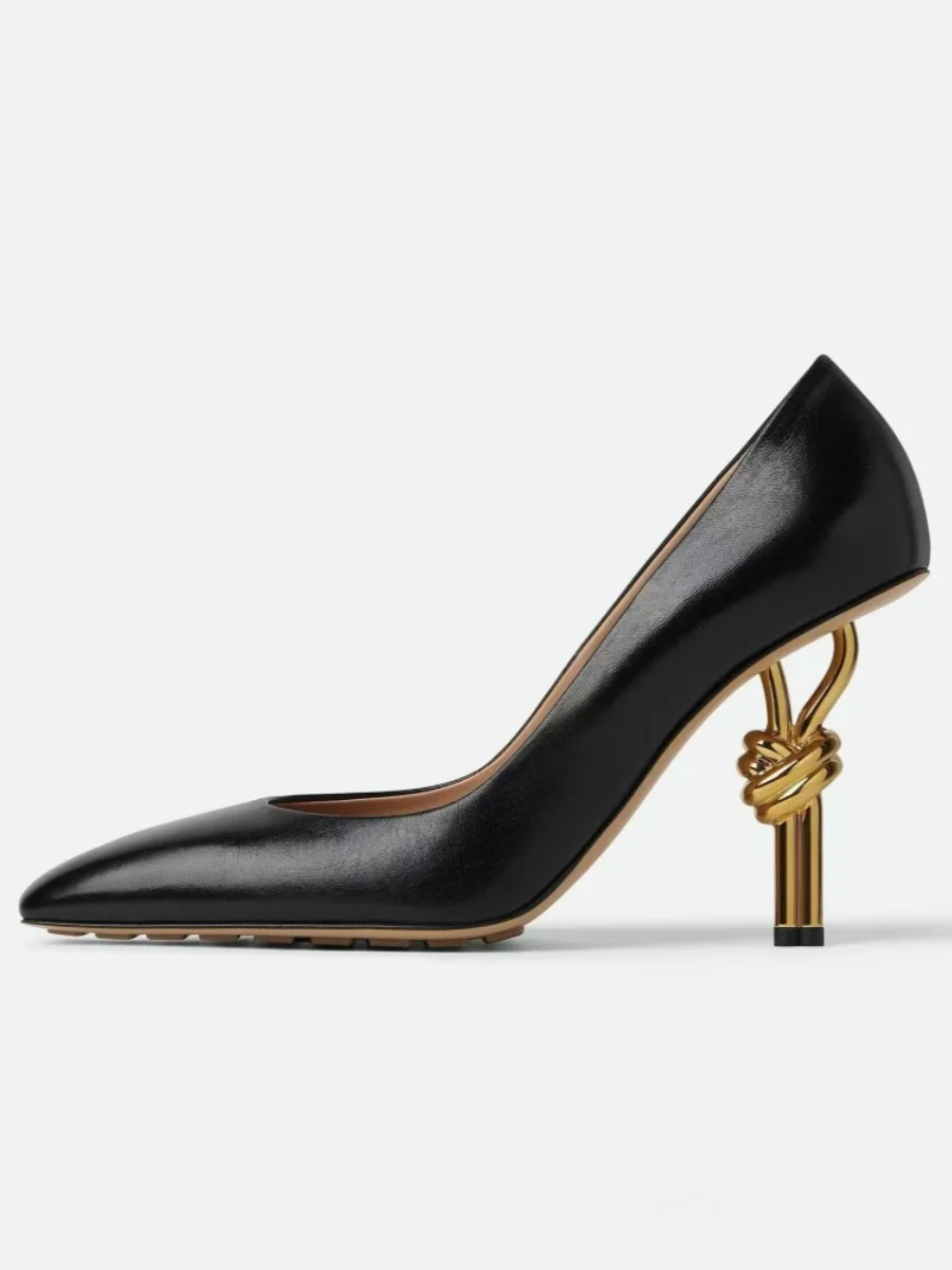 

Knot high heels metal heel pointed Pumps large size leather catwalk fashion shoes Ladies leather shoes