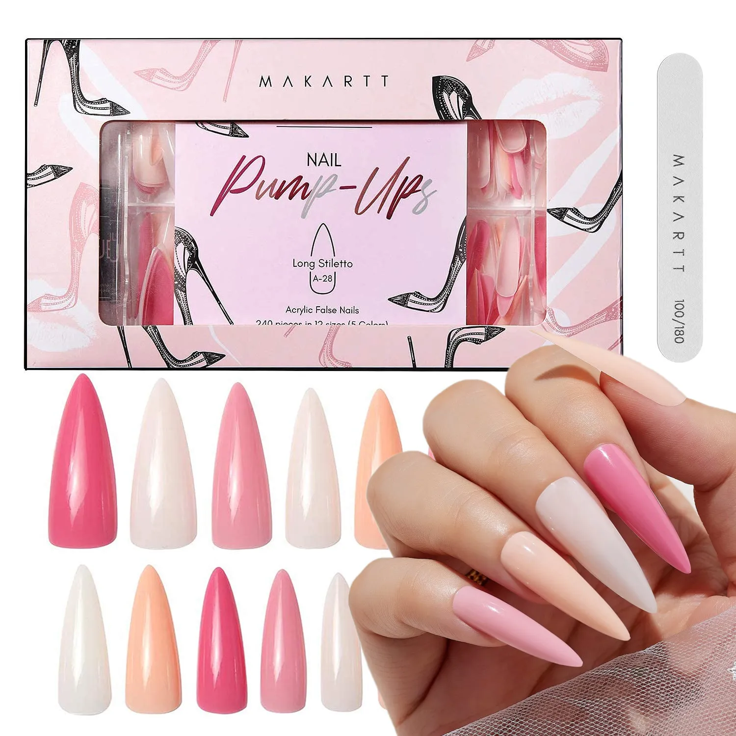 Makartt Acrylic Nail Kit, Press On Nails Set 240pcs Ballerina Nail Tips Full Cover Nude 4pcs Nail Glues 1pcs Nail File Fake Nail