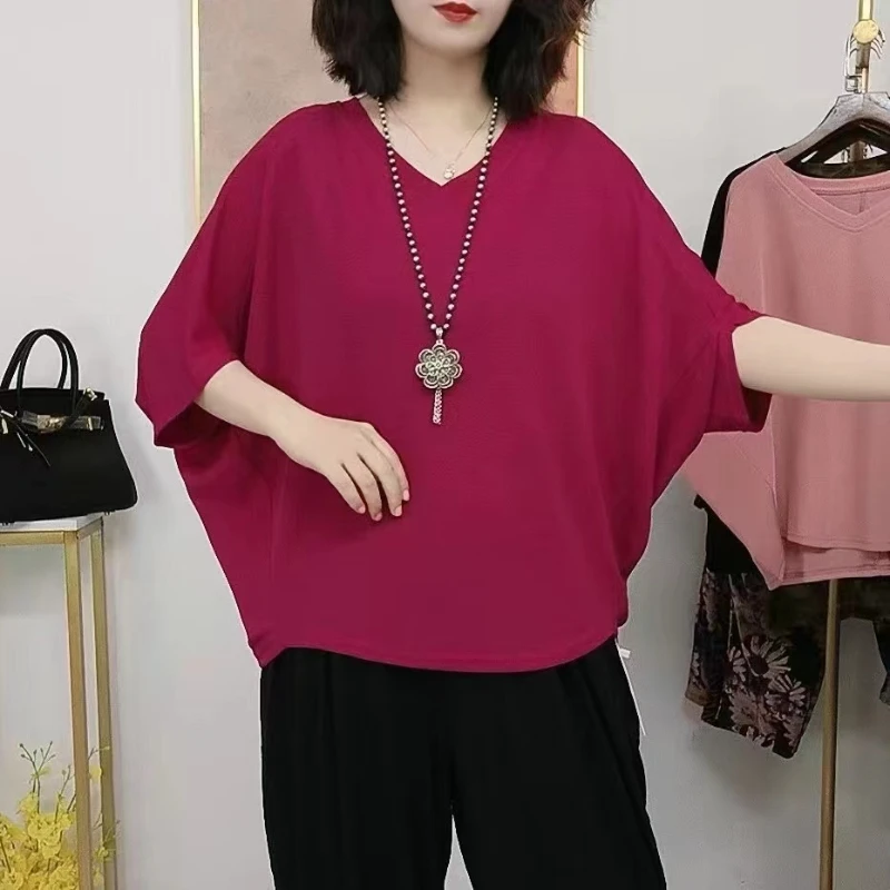 Kaus Atasan Wanita Pullover minimalis, kaus atasan wanita Pullover, kaus kasual longgar, warna polos, lengan Batwing, leher V, Minimalis, baru, musim panas