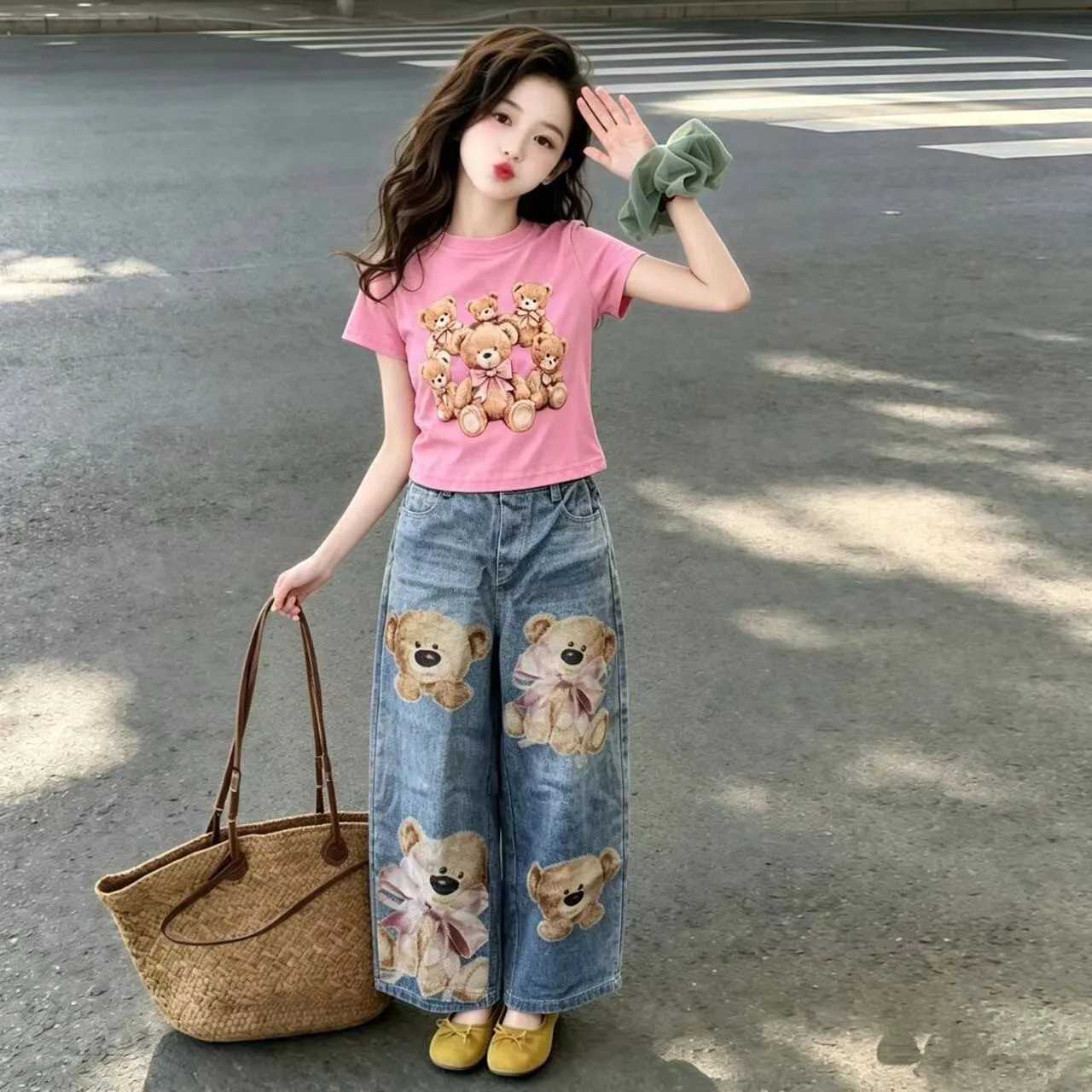 Korean 4-14 teen girls Printed cartoon bear jeans cotton pink top t-shirt wide-leg pants junior kids trousers child clothes