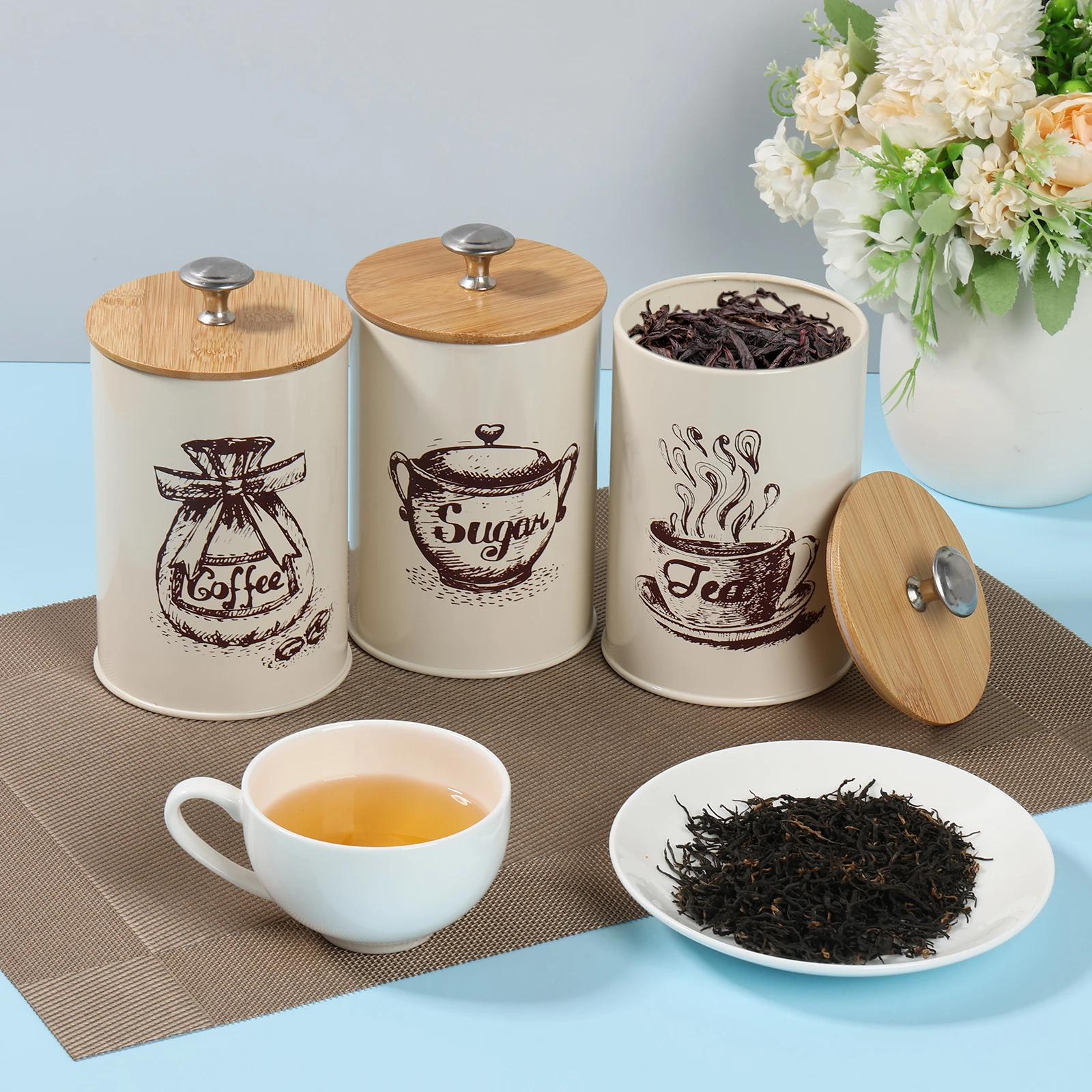AHAQU 3PCS Tea Coffee and Sugar Canisters Set, 8.5x8.5x15cm Tea Coffee