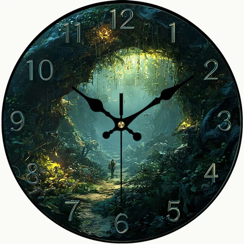 2D Flat. 1pc, Mysterious Jungle Adventure Theme PVC Wall Clock Silent Round Clock for Bedroom, Living Room, Office