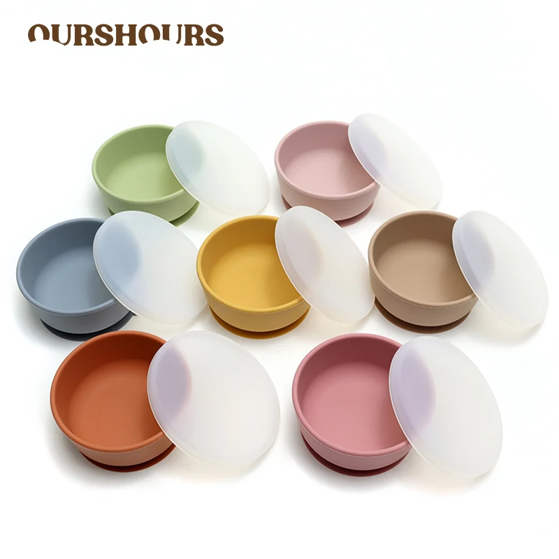 Food Grade Silicone Baby Feeding Bowls with Lid Anti-fall Strong Suction Dining Bowl for Toddler Kid Training Tableware BPA Free
