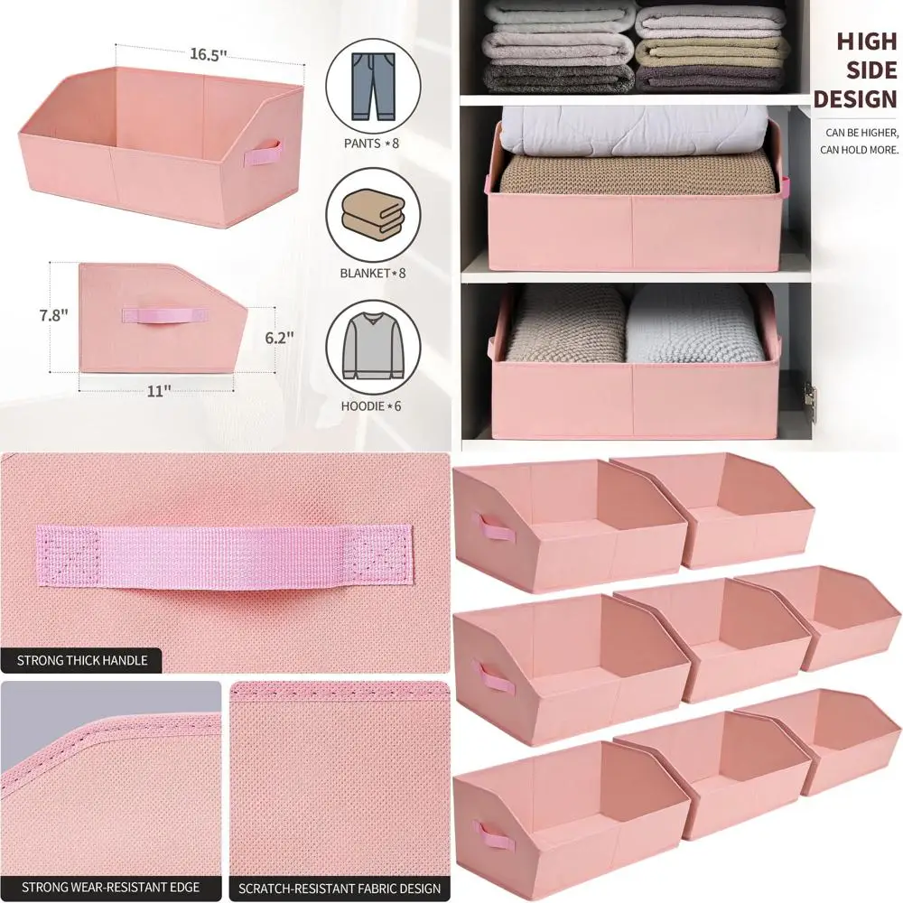 

8 Pack Pink Trapezoid Storage Baskets with Handles for Shelves, Ideal for Clothes, Books, Home & Office Organization