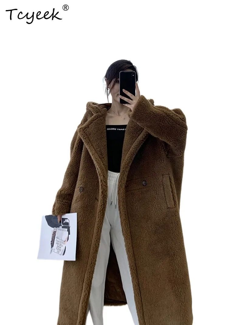 Tcyeek Alpaca Wool Blend Teddy Women Coat Mid-Length Hooded Cloths Oversized Silhouette Warm Winter Coats Fur-Like Jacket 2026