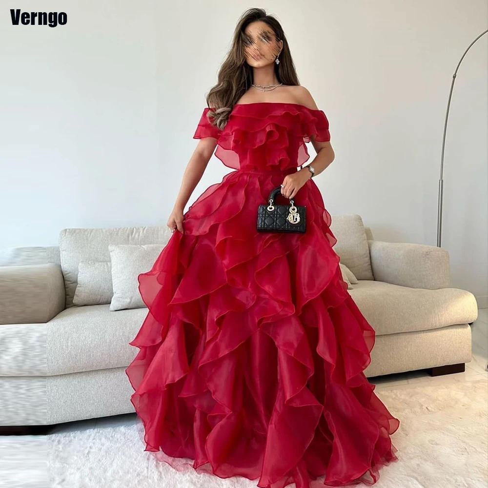 

Verngo A-line Ruffles Saudi Arabia Evening Party Dresses Strapless Off Shoulder Prom Dress Formal Occasion Gown Robe De Soirée