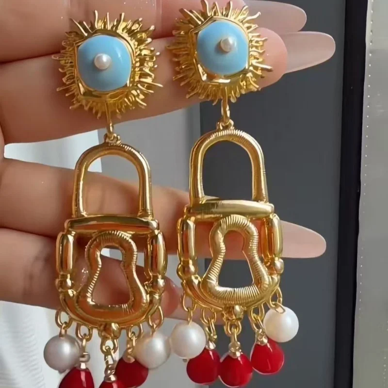 Retro European And American Style Metal Earrings for Women Evil Eye Devil's Eye Lock Shape Red And Blue Color Block Exaggerated
