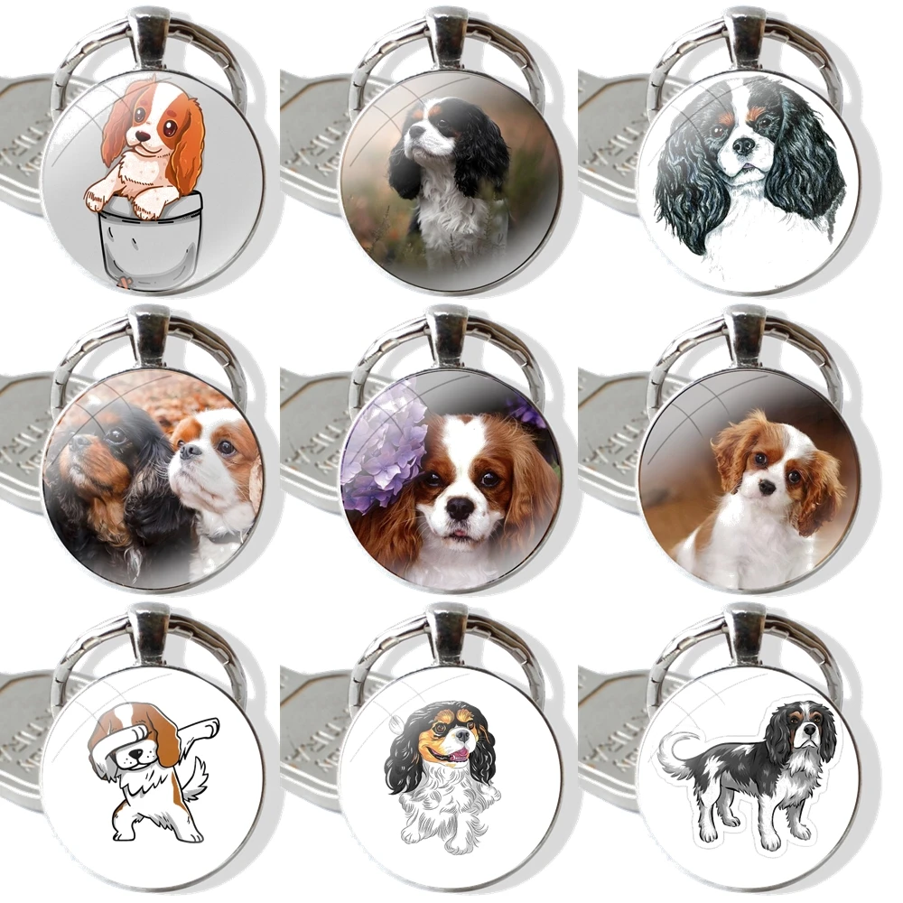 Keychain Handmade Glass Cabochon Key Ring Holder Pendant Key Chains Cute Cavalier King Charles Spaniel Dog