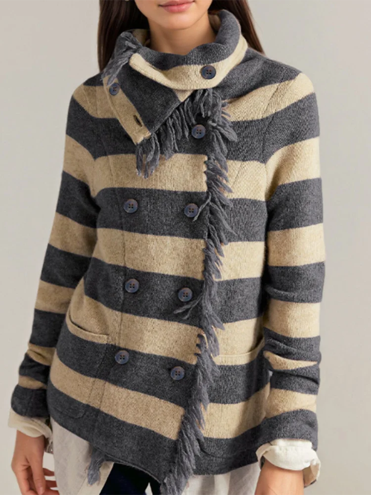 Double Breasted Design Long Sleeved Loose Jacket Casual Tassel Patchwork Women Outerwear New Autumn Winter Striped Printed Coat