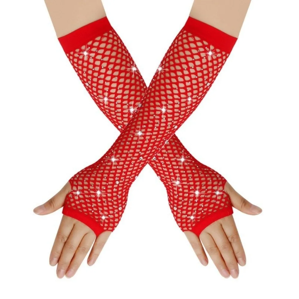 Party Elastic Rhinestone Gloves Shiny Punk Mesh Lace Gloves Gothic Style Black White Fishnet Fingerless Gloves Party Wear
