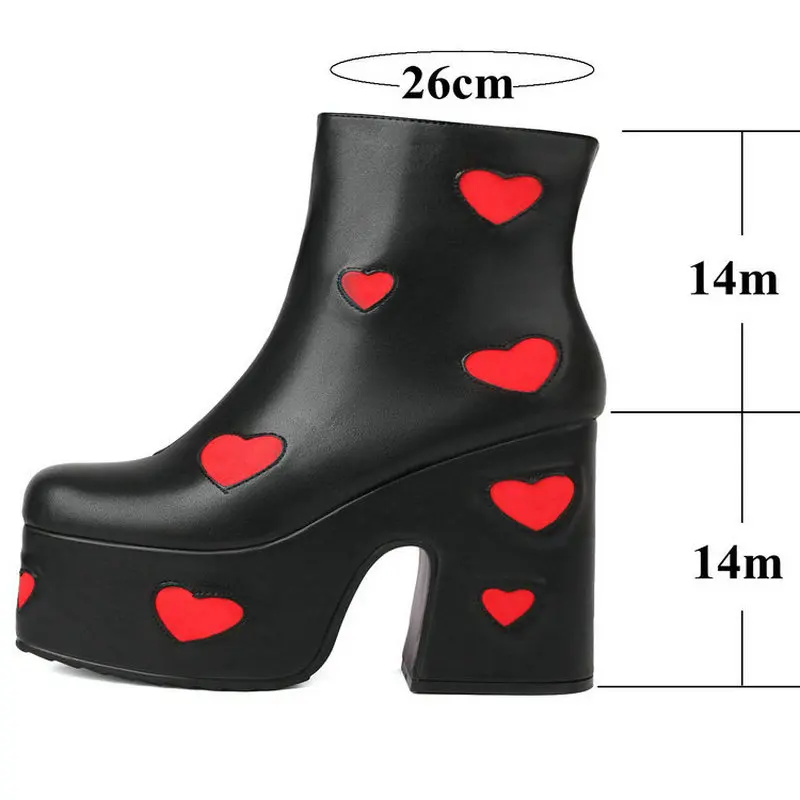 Womens Embroidered Cut Out Cute Heart Thick Sole Boots Platform Chunky Heel Goth Ankle Booties Side Zipper Go Go Party Shoes