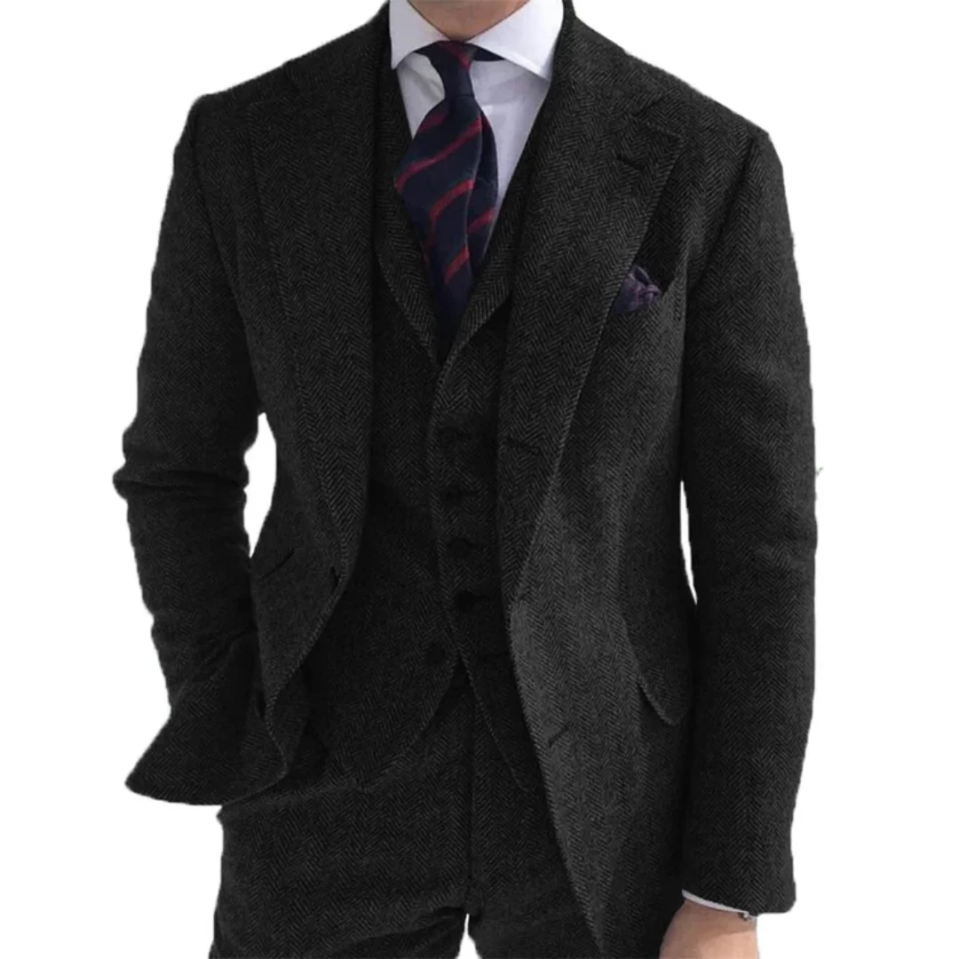 3 Pieces Men‘s Suits  Wool Tweed Herringbone Business Retro Classic PatternTuxedos For Wedding Blazer Pants Vest