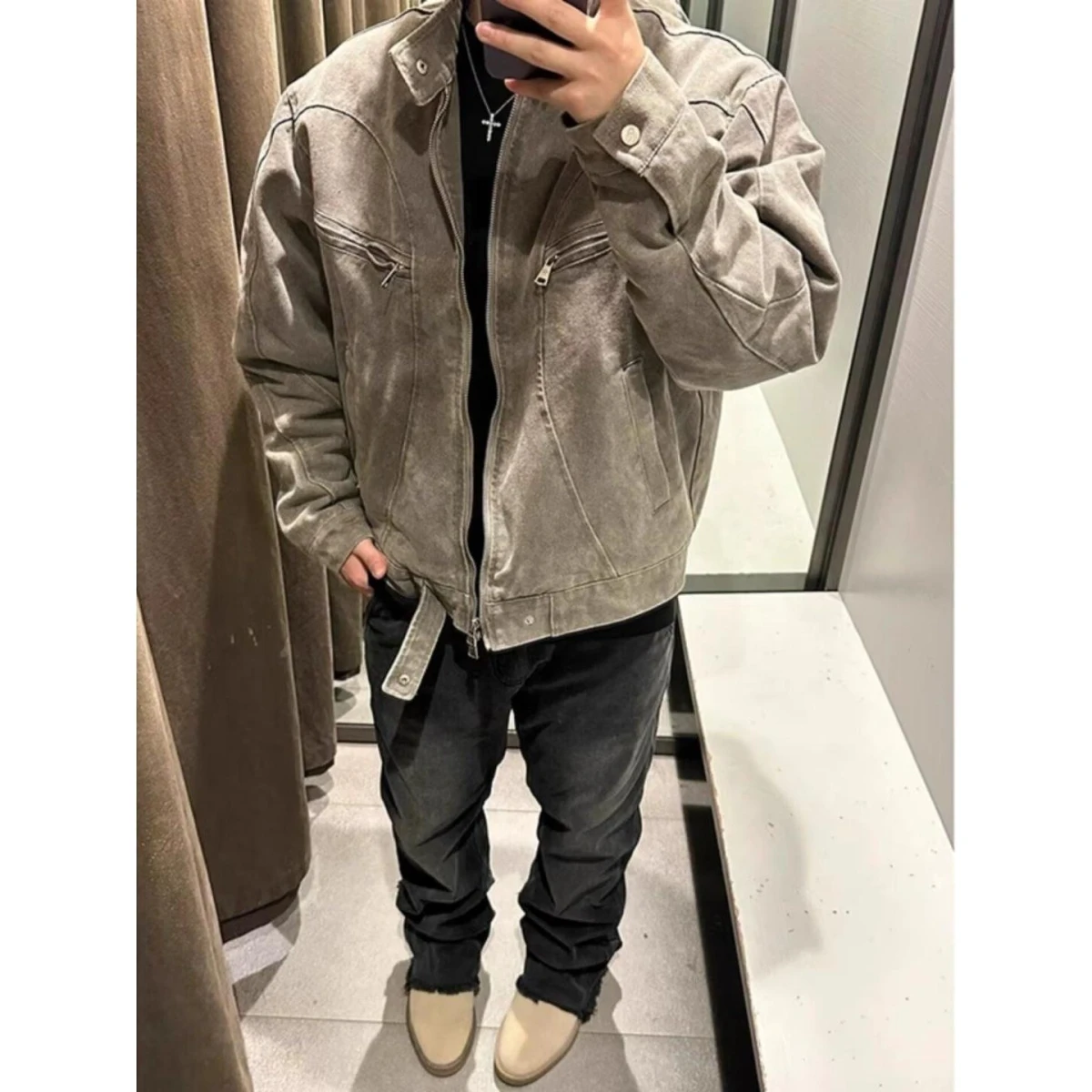 

Vintage Heavy Du ort Fit Men's Jaet Spring Autumn Workwear Sle Polyester Fiber Windproof Zipper Closure Casual Coat