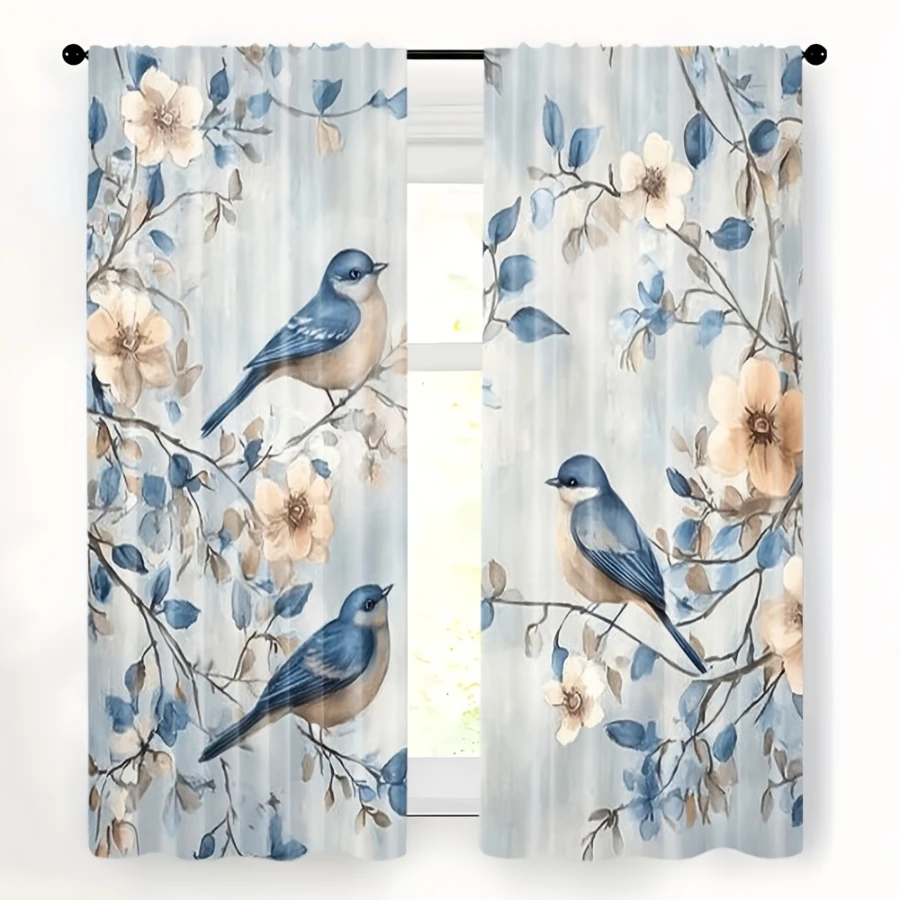 2PCS Digital Print  Curtain, Blue Bird Perched Branch, Botanical Print Window Drape for Living Room Bedroom Home Decor