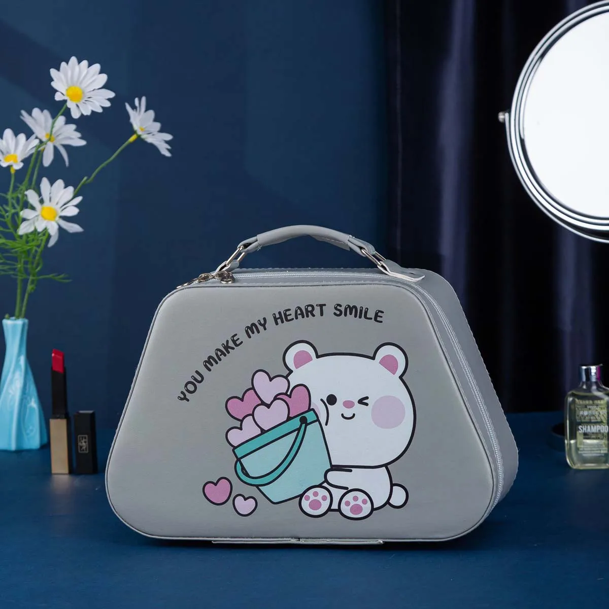 In-stock advanced sense PU with mirror portable makeup case cartoon network red large capacity portable suitcase cat pattern