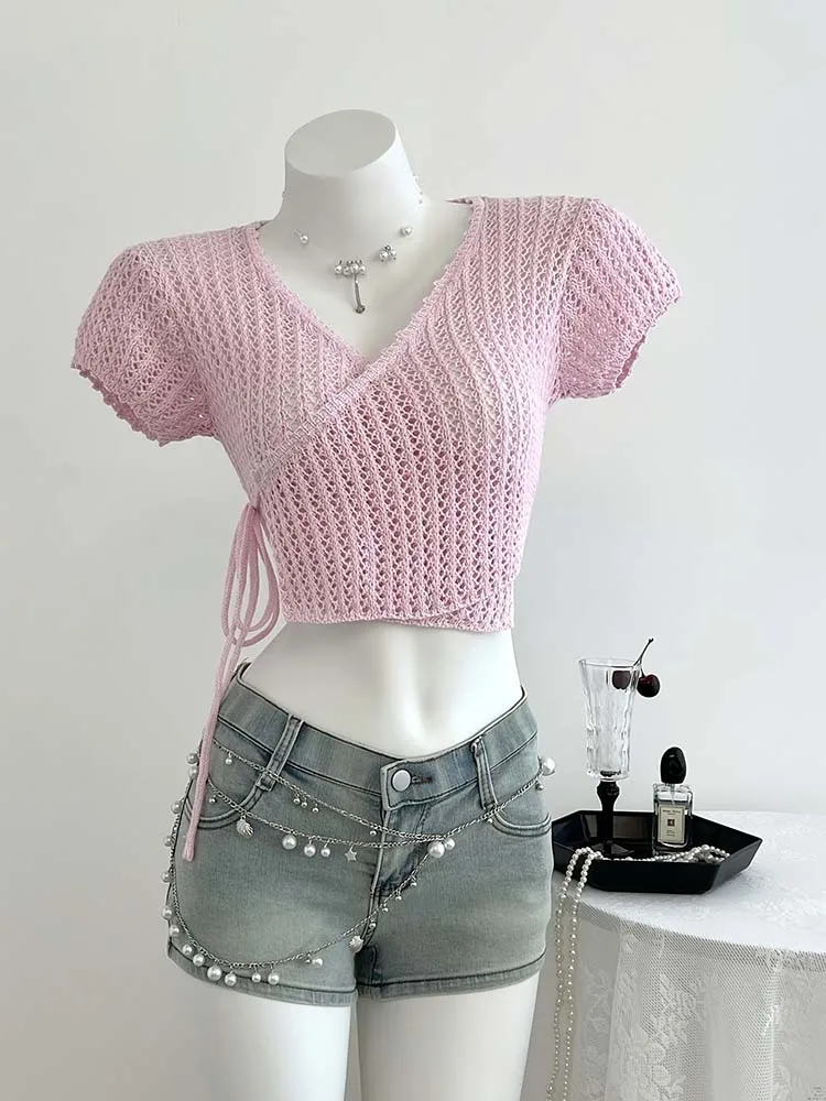 

Women's new fashionable, simple, casual, elegant cross neckline, side lace up, hollowed out short sleeved knitted pullover