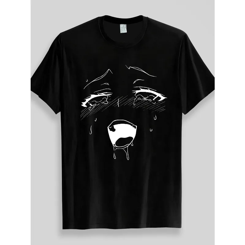 Black and White Crying Anime Emoticon T-shirt with Sad Tears and Water Droplet Pattern Top, Trendy Street Unisex Y2K T-shirt