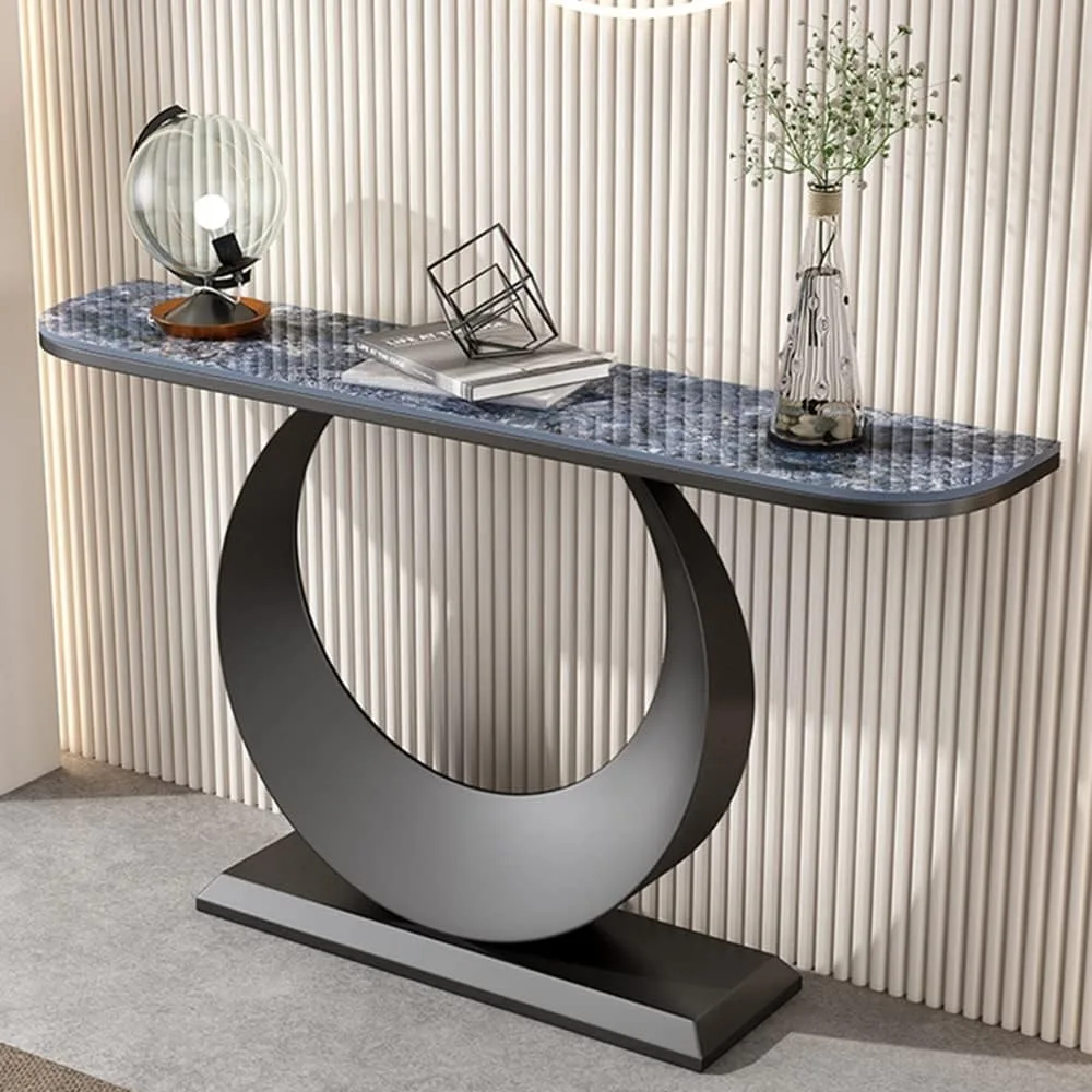 

Scratch Resistant Glam Slate/Metal Entrance Table Modern Half Moon Abstract Console Table - Black Base Blue Table Top