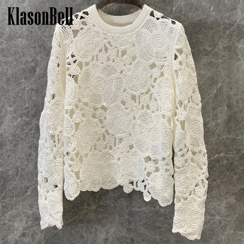 

7.30 KlasonBell Women Fashion Hand Crochet Flower Hollow Out Solid Color Knit Sweater O-Neck Long Sleeve Fit Knitwear