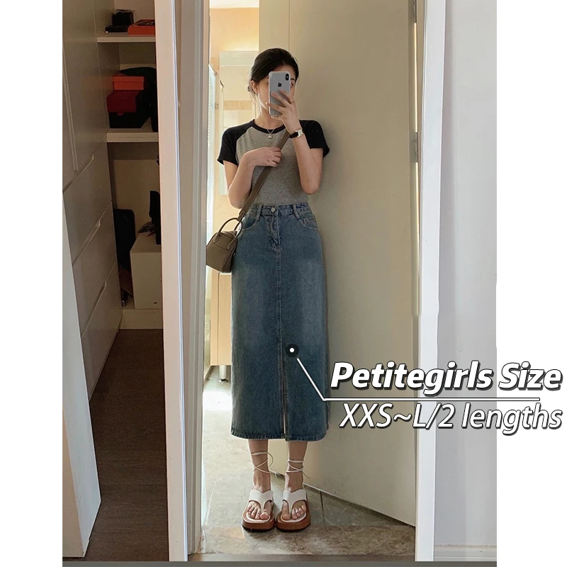 

150 short retro denim slit skirt girls summer high waist a word xs code show high school long style match