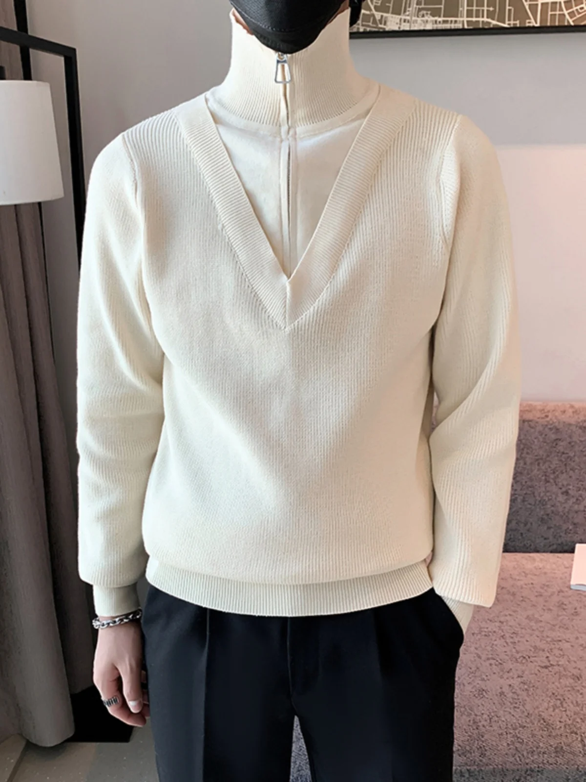 

2024 Men Autumn Winter New Fake Two-piece Sweater Top Male Korean Zipper Casual Pullovers Mens Solid Color Knitted Tops S246