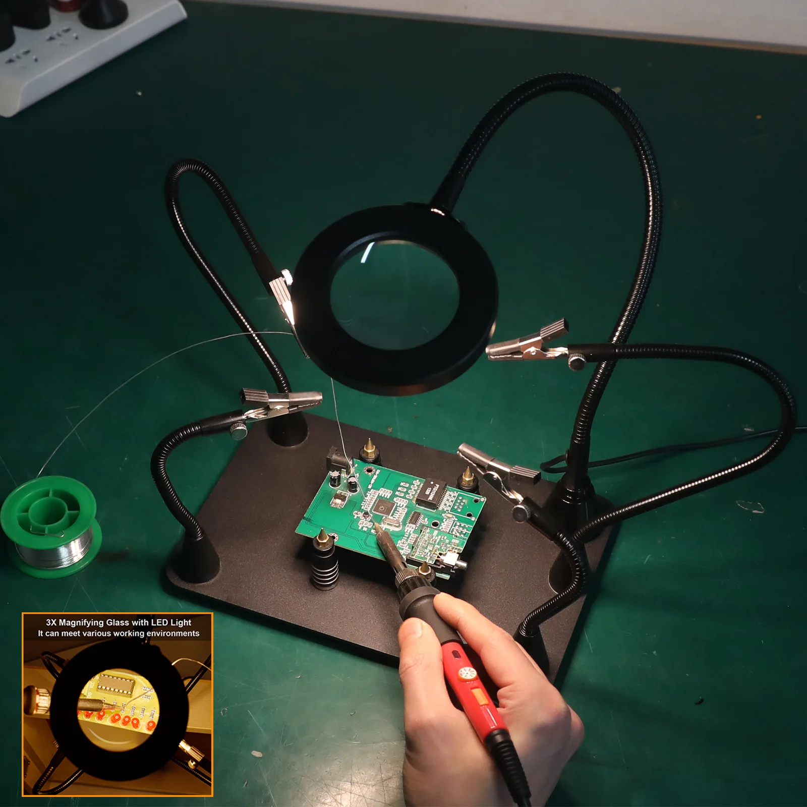 Magnetic Helping Hands Soldering Station with 3X LED Magnifying Lamp 4 PCB Circuit Board Holder 4 Flexible Magnetic Helping Hand