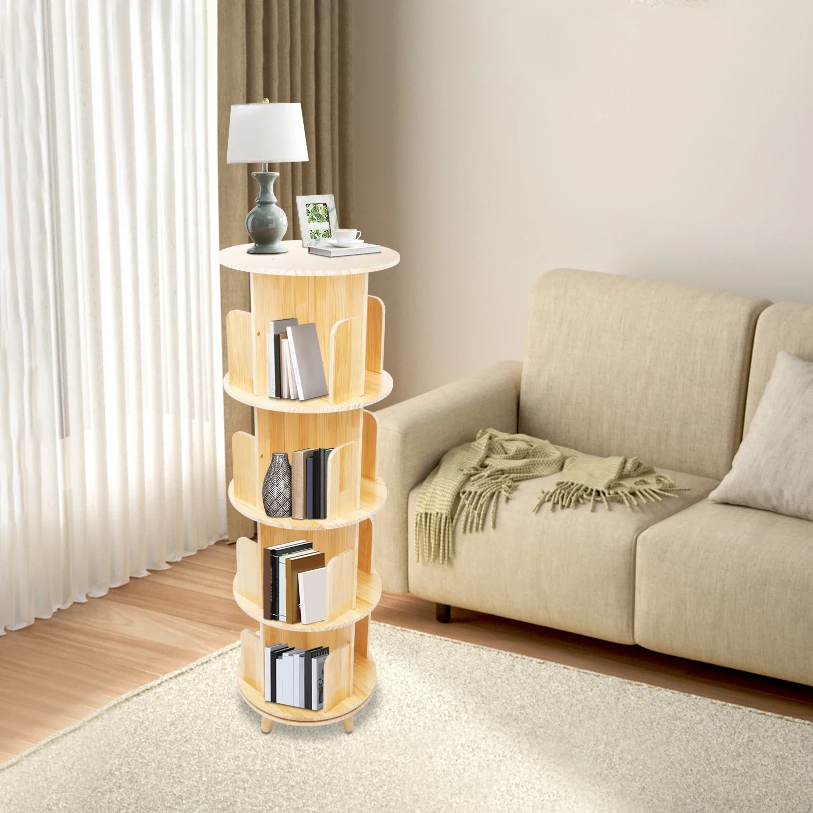 

4 Tier Rotating Bookshelf with Legs Floor Standing Stackable Wood Round 360 Display Book Shelf Bedroom Living Room