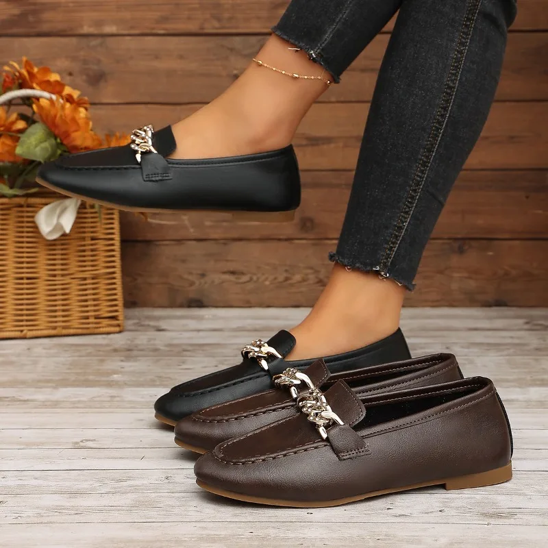 Fashionable Round Toe Chain Casual Women's Flats and Loafers 2026 New Simple Soft Soled Comfortable Women Shoes Сабо Женские