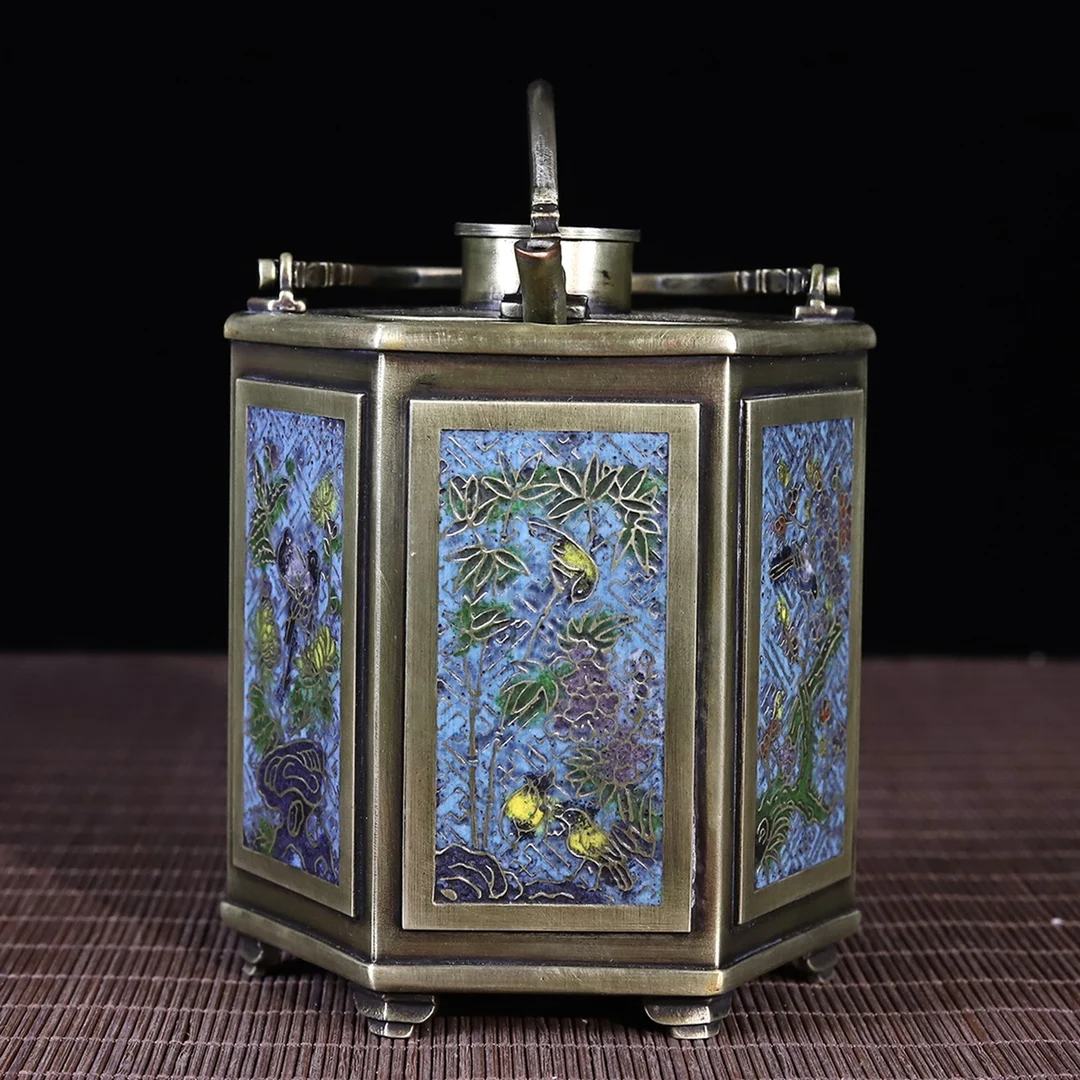 White Copper Jingte Blue Floral And Bird Hexagonal Handle Wine Warmer 4