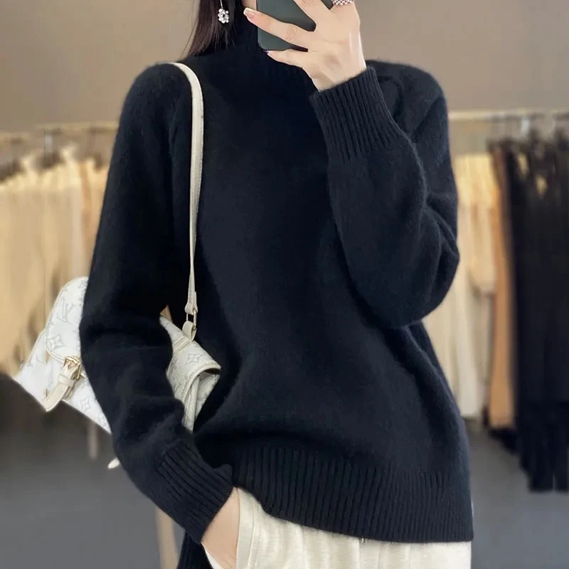 

Women's High-necked Cashmere Sweater 100% Soft Wool Thickened Lazy Raglan Sweater With Slit For Autumn Winter Comfortable Waxy