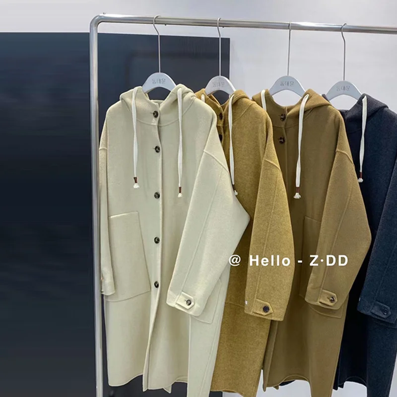 High end 20 cashmere coat women's mid length 2022 new loose fitting casual hooded drawstring double-sided jacket trend