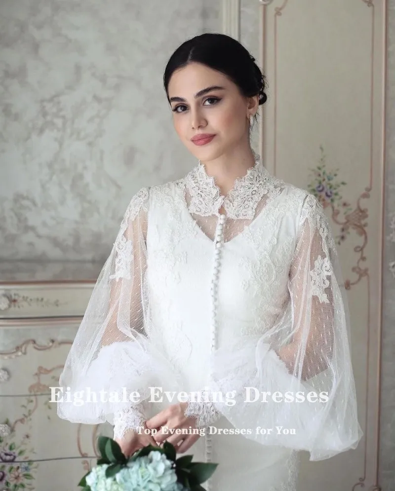 Eightale Abito da sposa arabo Personalizzato Applicazioni in pizzo Maniche lunghe Bianco Avorio Tulle Abito da sposa a sirena Vestido De Noiva