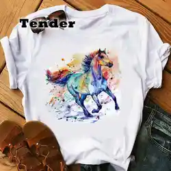 Camiseta de cavalo aquarela feminina, camiseta branca, estética gráfica, manga curta, streetwear grunge, moda feminina, verão, 2022