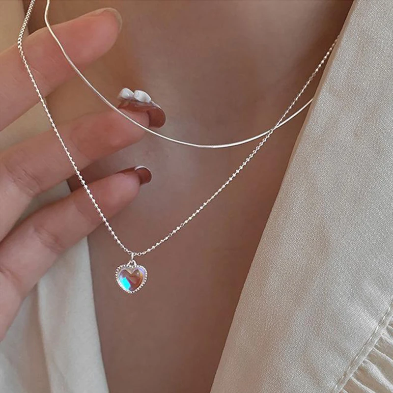 Silver Color Double Love Heart-shaped Moonstone Pendant Necklace Women Gradient Gemstone Clavicle Chain Couple