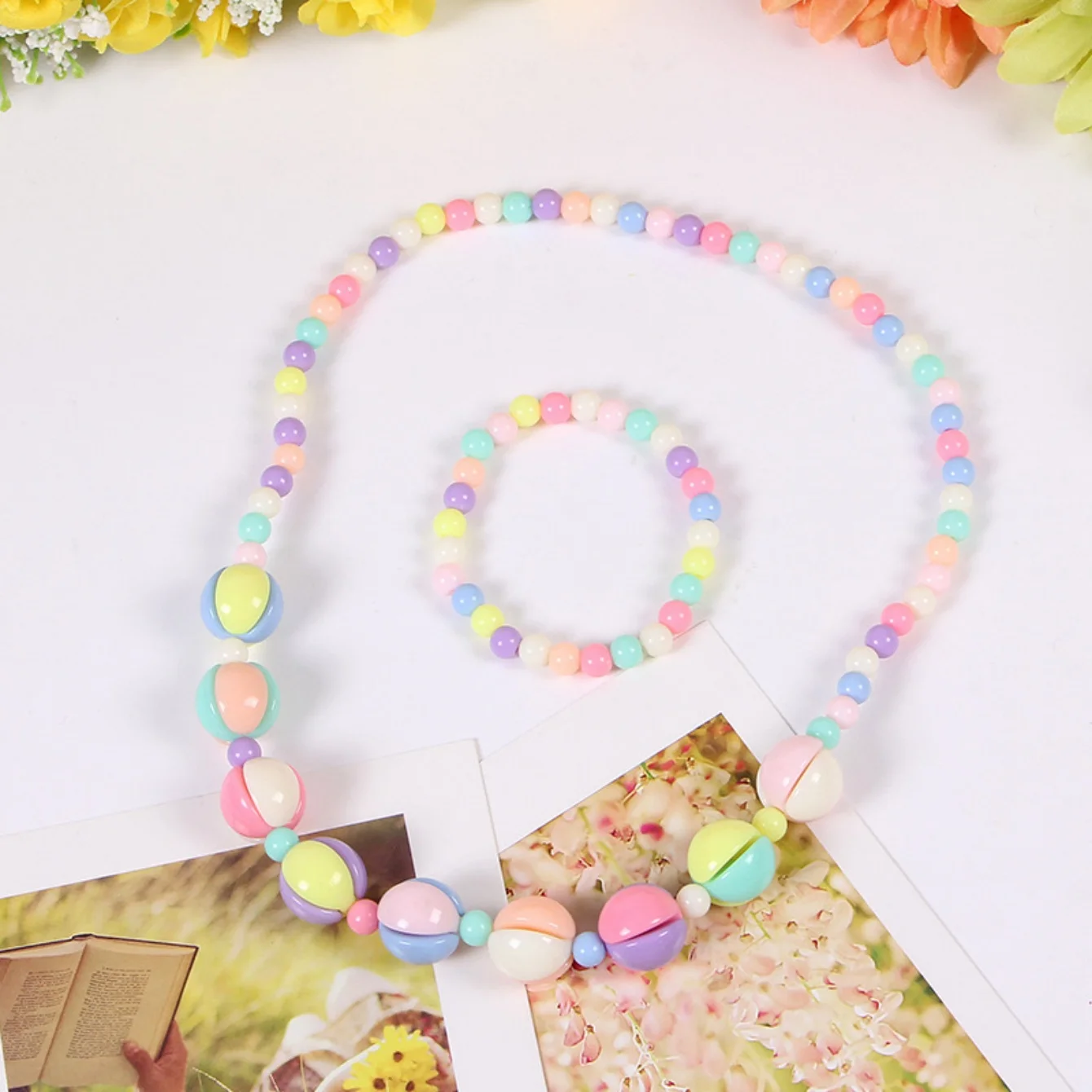 Candy Color Beads Necklace Bracelet Jewelry Flower Bow Strawberry Necklace Bracelet 2pc/set Children Party Girl Birthday Gift