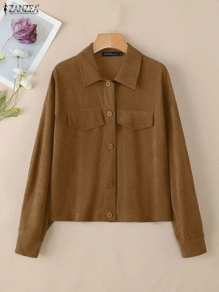 

ZANZEA 2022, женские осенние пальто, вельветовые куртки, винтажная однотонная верхняя одежда, модные облегающие куртки с длинными рукавами и лацканами, уличные куртки