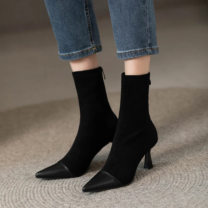 2024 Suede Pointed Toe Women Chelsea Boots Ankle High Heels Designer Shoes Winter New Fashion Trend Walking Goth Mujer Zapatos