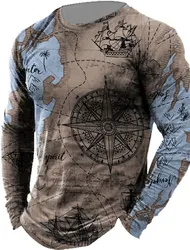 3D Men's Long Sleeve World Map Leisure Sports Fitness Retro Classic Long Sleeve Outdoor Sports T-Shirt Oversized Warm Longsleeve