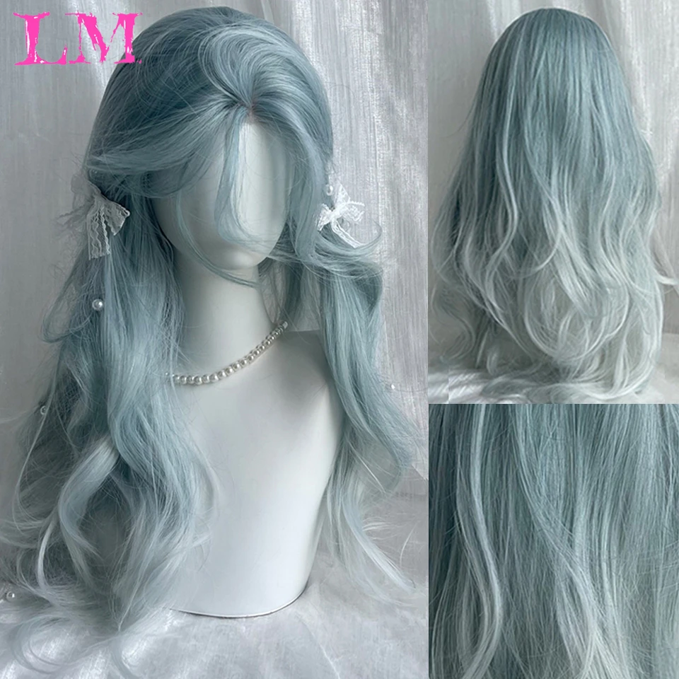 LM Women Synthetic Lolita Wig Long Straight Ombre Two Tone Silver Grey Blue Hair For Cosplay With Bangs