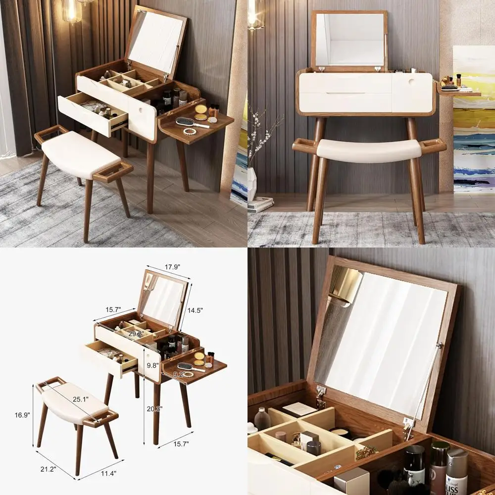 

Easy Assembly Vanity Table with Stool, Flip-up Mirror, and Hidden Storage