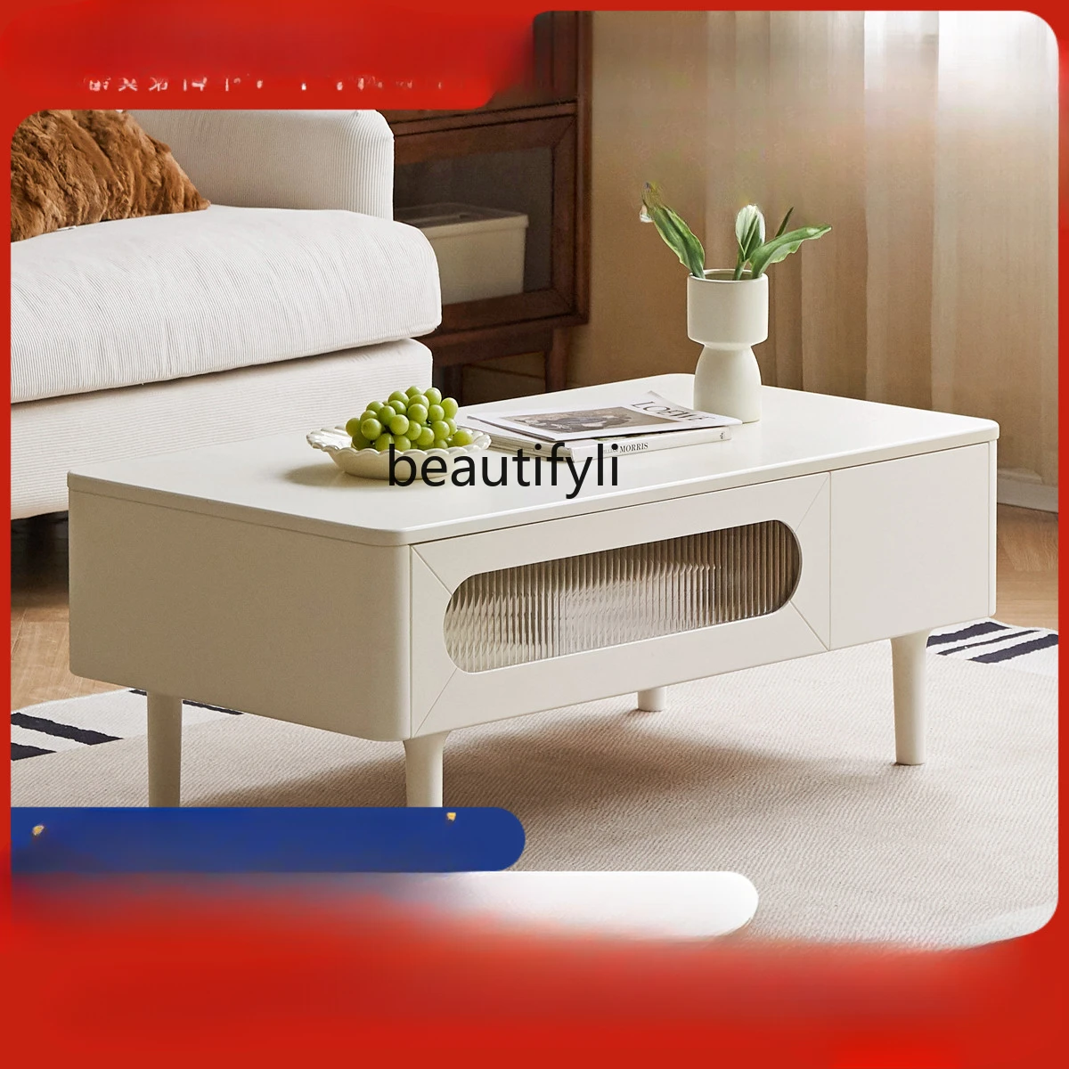 

Solid Wood Coffee Table French Cream Style Sliding Door Tea Table Small Apartment Living Room White Tea Table