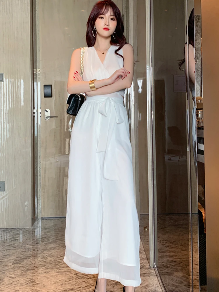 

Summer White Chiffon Simple Sexy 2 Piece Sets Women Tank Sleeveless Bandage Thin Tops High Waist Wide Leg Pants Femme Outfits