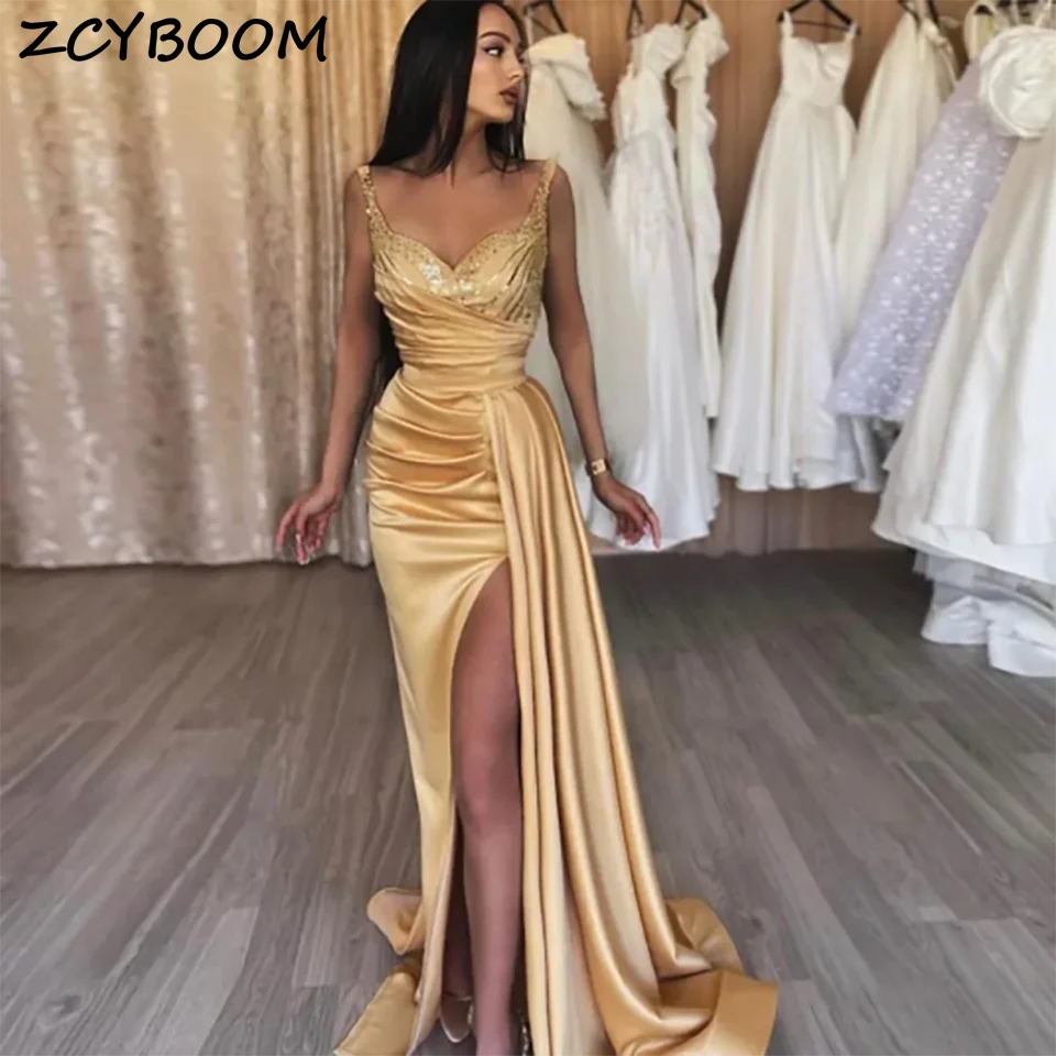 

New Sexy Gold Spaghetti Straps Beaded High Slit V Neck Satin Mermaid Evening Wedding Dresses 2024 Formal Bridal Gowns For Women