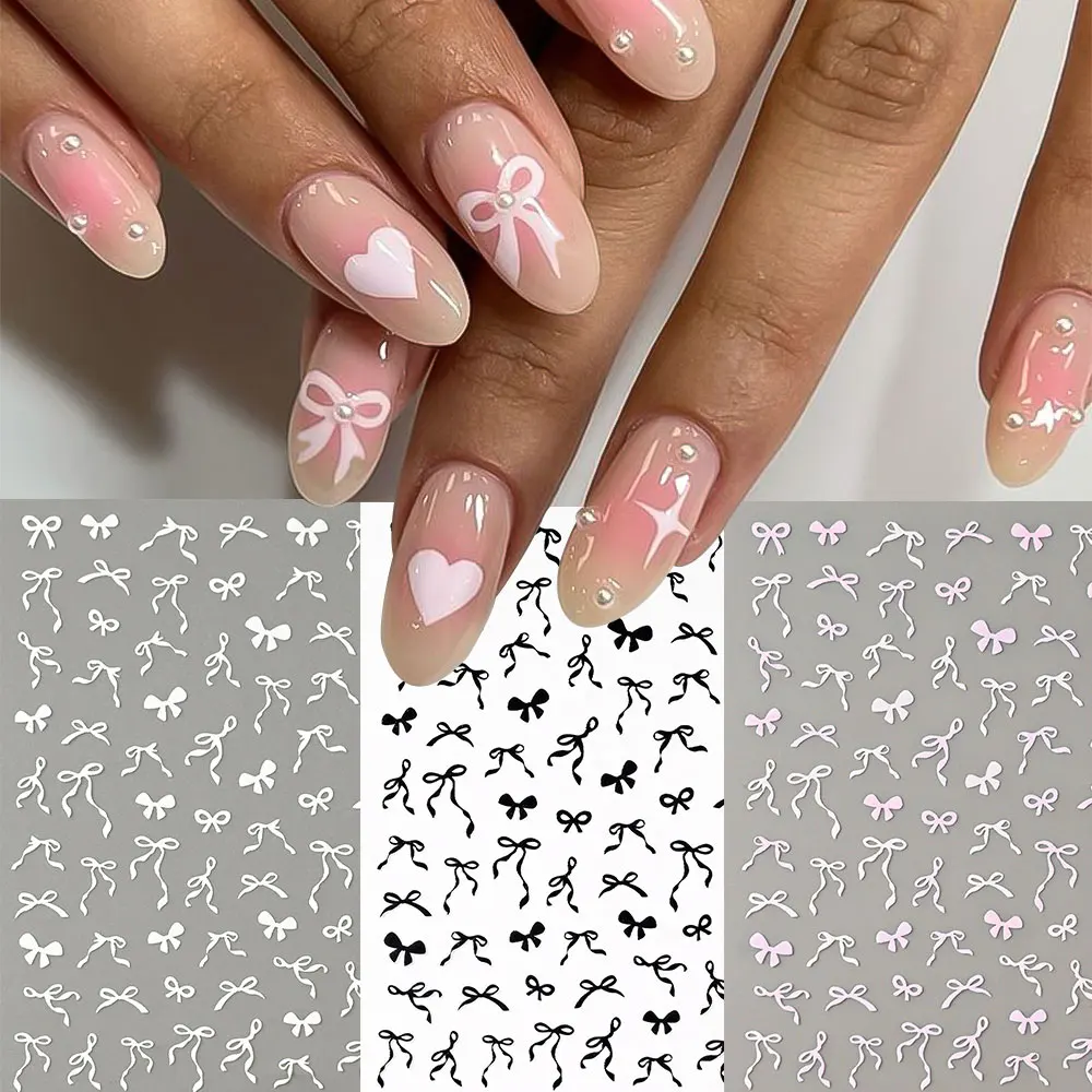 1Pc 5D Mini Black White Ribbon Bows Nail Stickers, Multi Styles Bowknot Ribbon Decals Self Adhesive Sliders Manicure Decorations