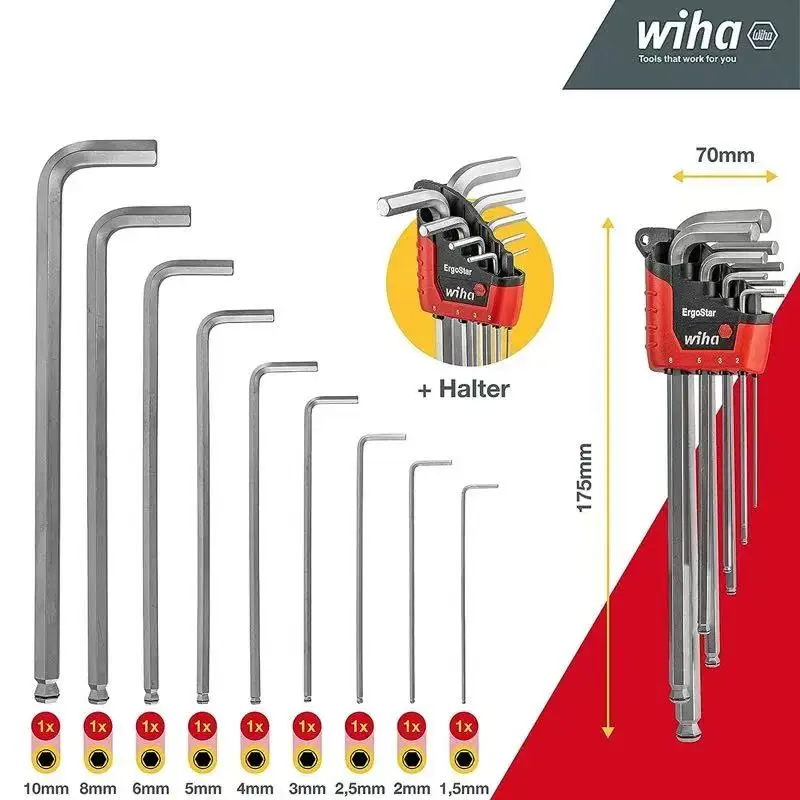 

Набор шестигранных ключей Wiha 43851 с шаровым наконечником, SB369RH9 - прочные, нескользящие, с эргономичной рукояткой, для 43851