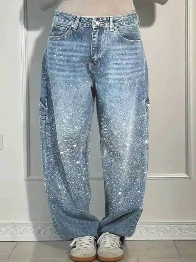 

Faionable Starry Night Rhinestone Jeans Casual Straight Leg Cotton Pants Women's Autumn Collection Mid-Waist Zipper Fly