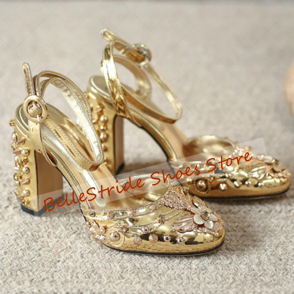 Gold Crystal Flower Sewing Design Pumps Buckle Strap Women Shoes Chunky High Heels Round Toe New Dating 2026 Zapatos Para Mujere