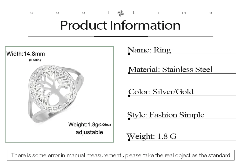 COOLTIME Baum des Lebens Klarer Zirkon Ring Edelstahl Verstellbar Damen Amulett Fingerringe Schmuck Geschenk – Detail 2